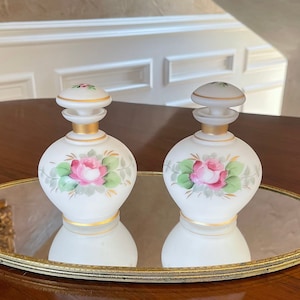 Vintage Pair of Satin Glass Hand Painted Perfume Bottles