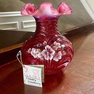 Fenton Glass Hand Painted Country Cranberry Vase Signed