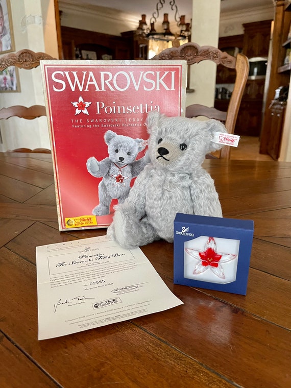 Steiff “poinsettia” 681103 Silver Mohair 10” Bear With Swarovski