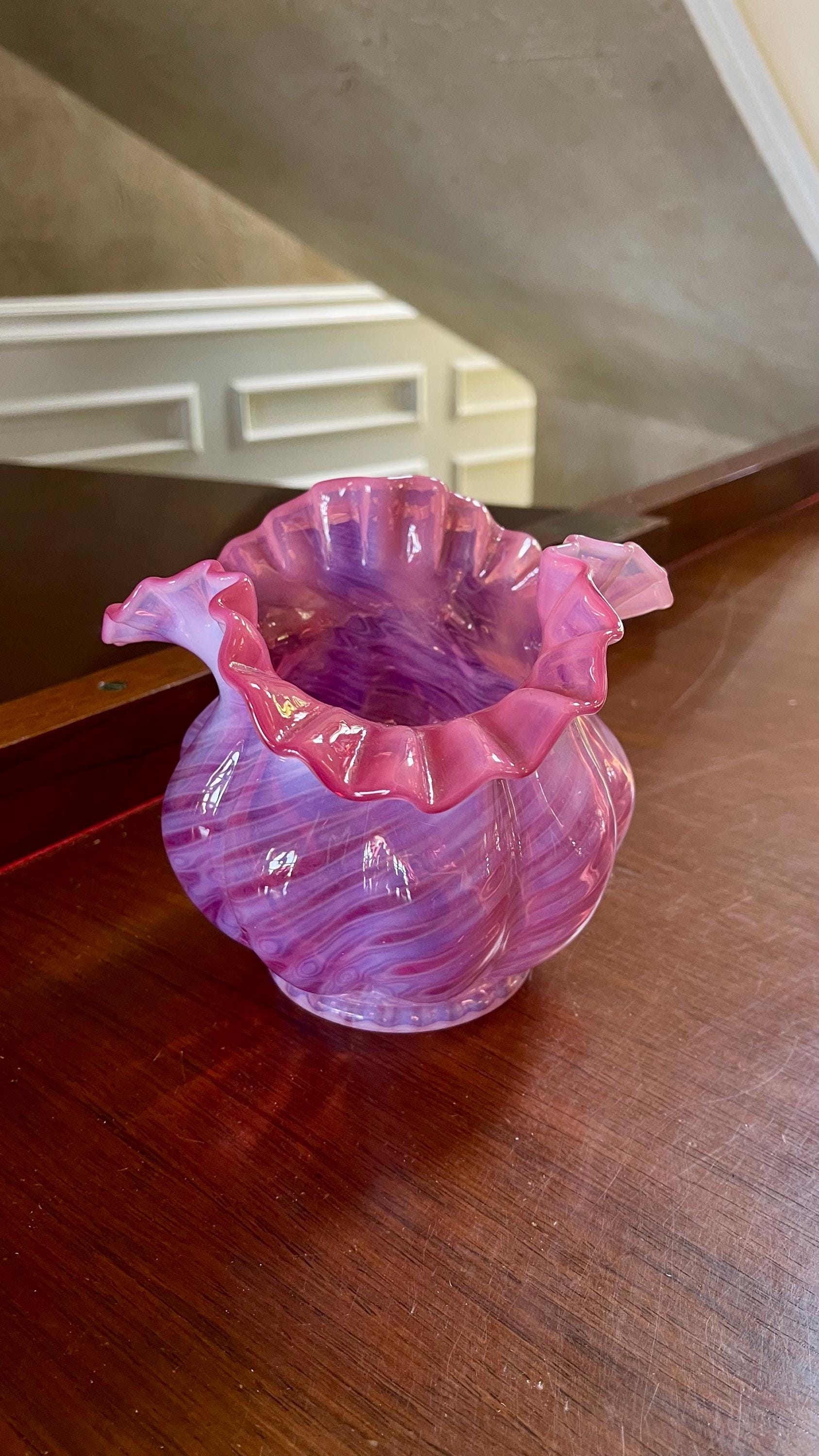 Vintage Fenton Cranberry Opalescent Swirl Optic Rose Bowl; Vintage