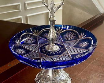 Large Cobalt Blue Cut to Clear Crystal And Silver Plate Center Piece
