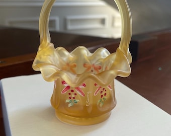Fenton Small Basket/vase White Milk Glass Hand Painted Signed S