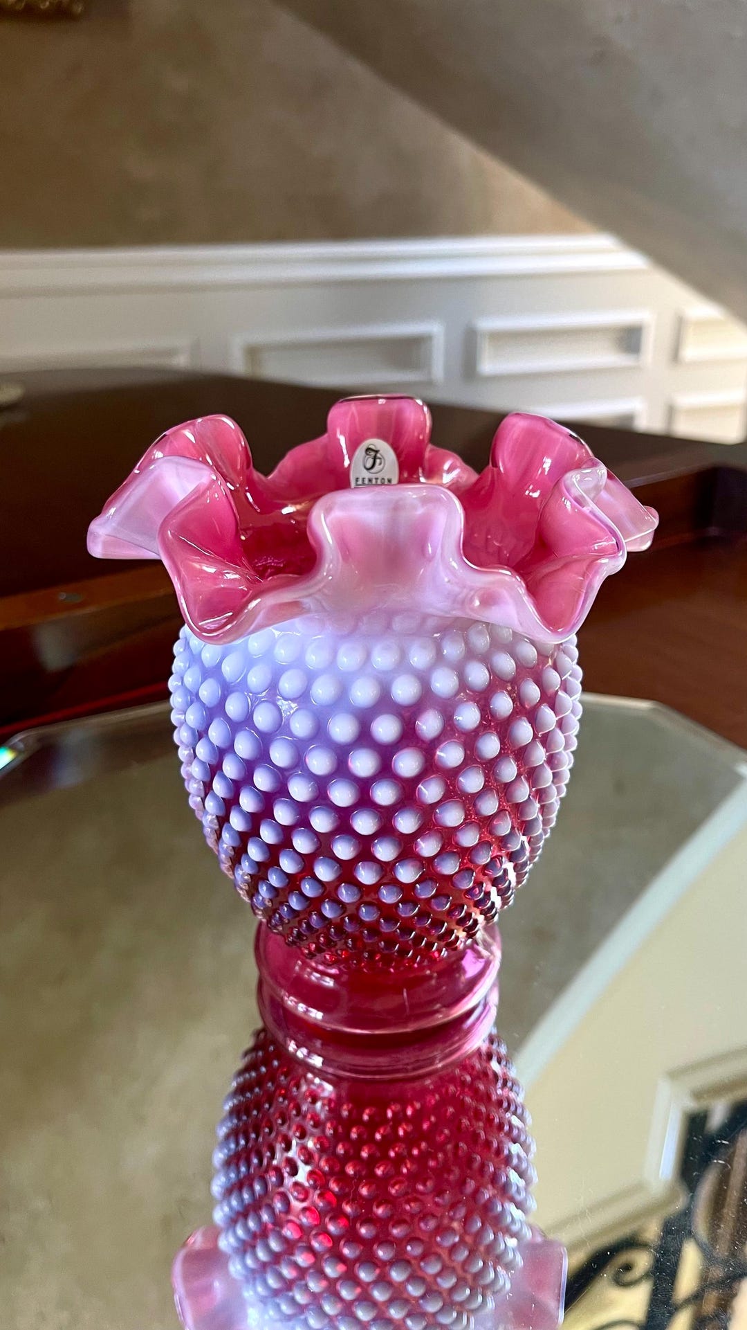 Fenton Glass Opalescent Cranberry 6” Tall Hobnail Vase; Vintage