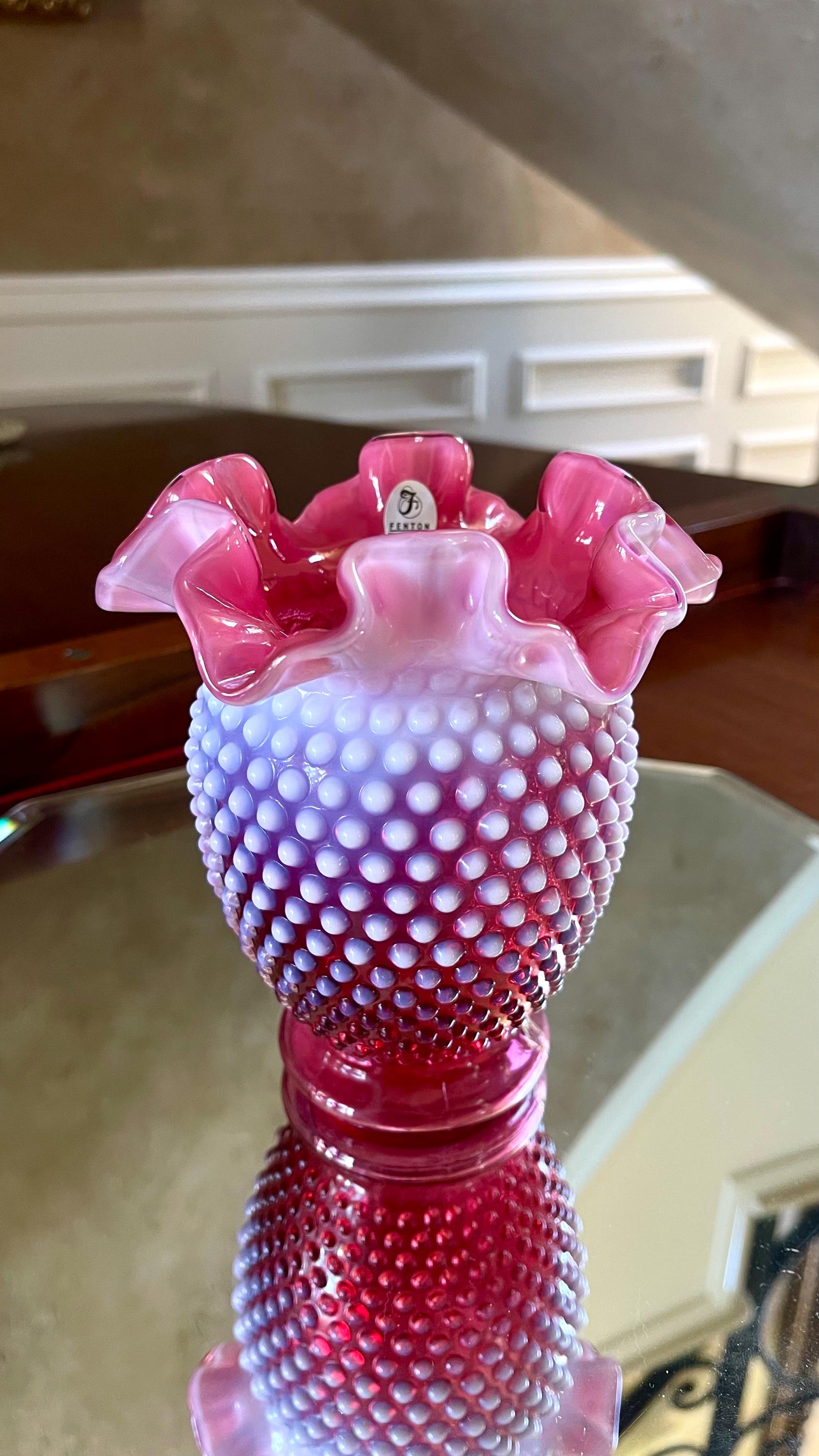 Fenton Glass Opalescent Cranberry 6” Tall Hobnail Vase; Vintage