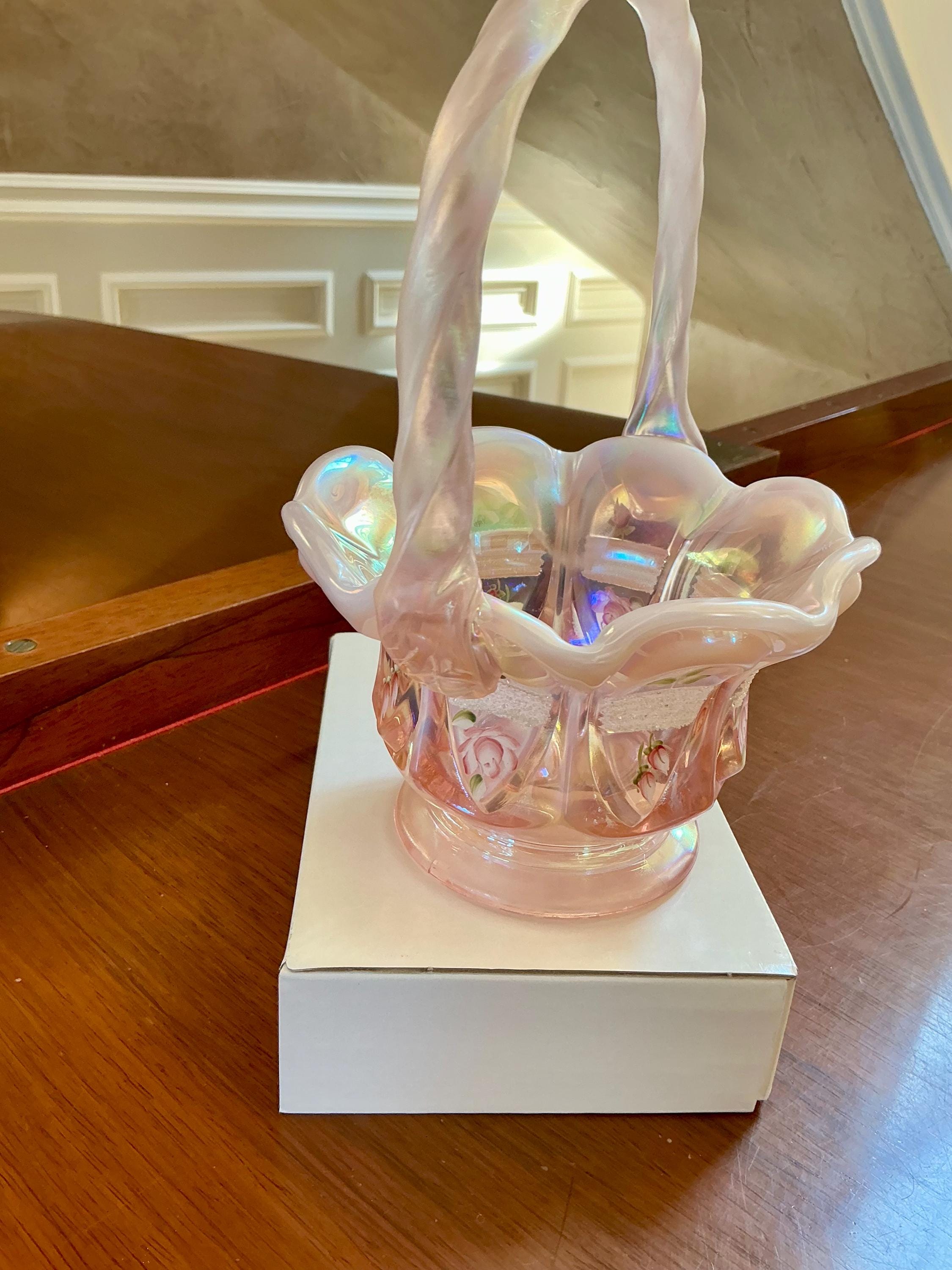 Fenton Glass Hand Painted Pink Iridescent Basket - Etsy