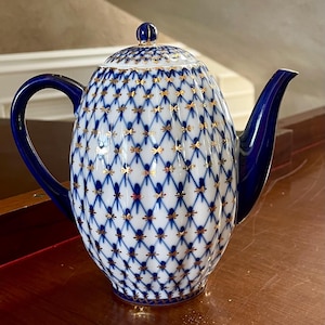 Russian Imperial Lomonosov Porcelain Cobalt Net Coffee Pot