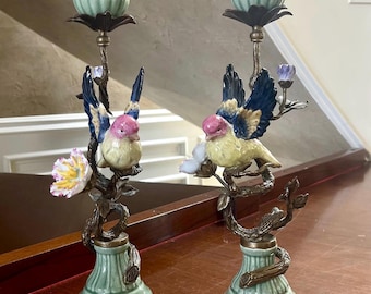 Pair Of Bronze Ormolu and Handpainted Porcelain Bird Candleholders
