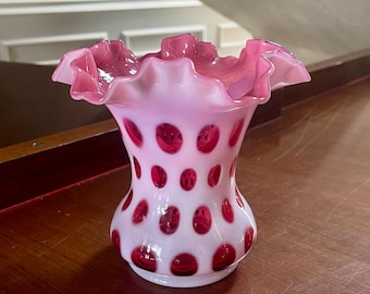 Fenton Glass Cranberry Opalescent Coin Dot Optic Ruffle Top Vase