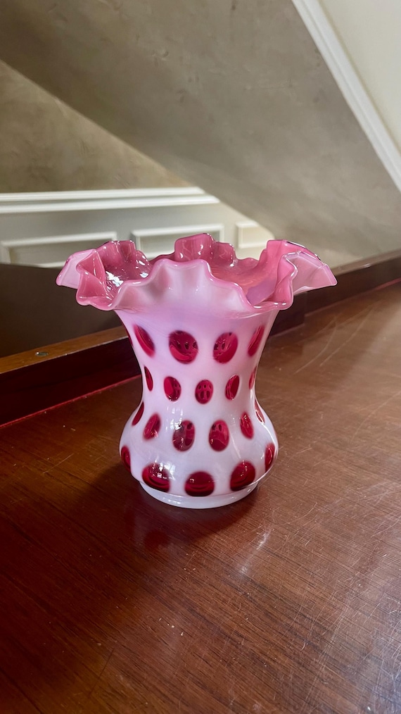 Fenton Glass Cranberry Opalescent Coin Dot Optic Ruffle Top Vase
