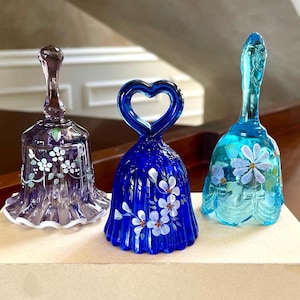 Set of 3 Fenton Glass Mini Bells with Hand Painted Flowers Signed; Fenton Glass Bell