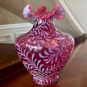 Fenton Daisy and Fern Cranberry Opalescent Large Vase; Fenton Hand