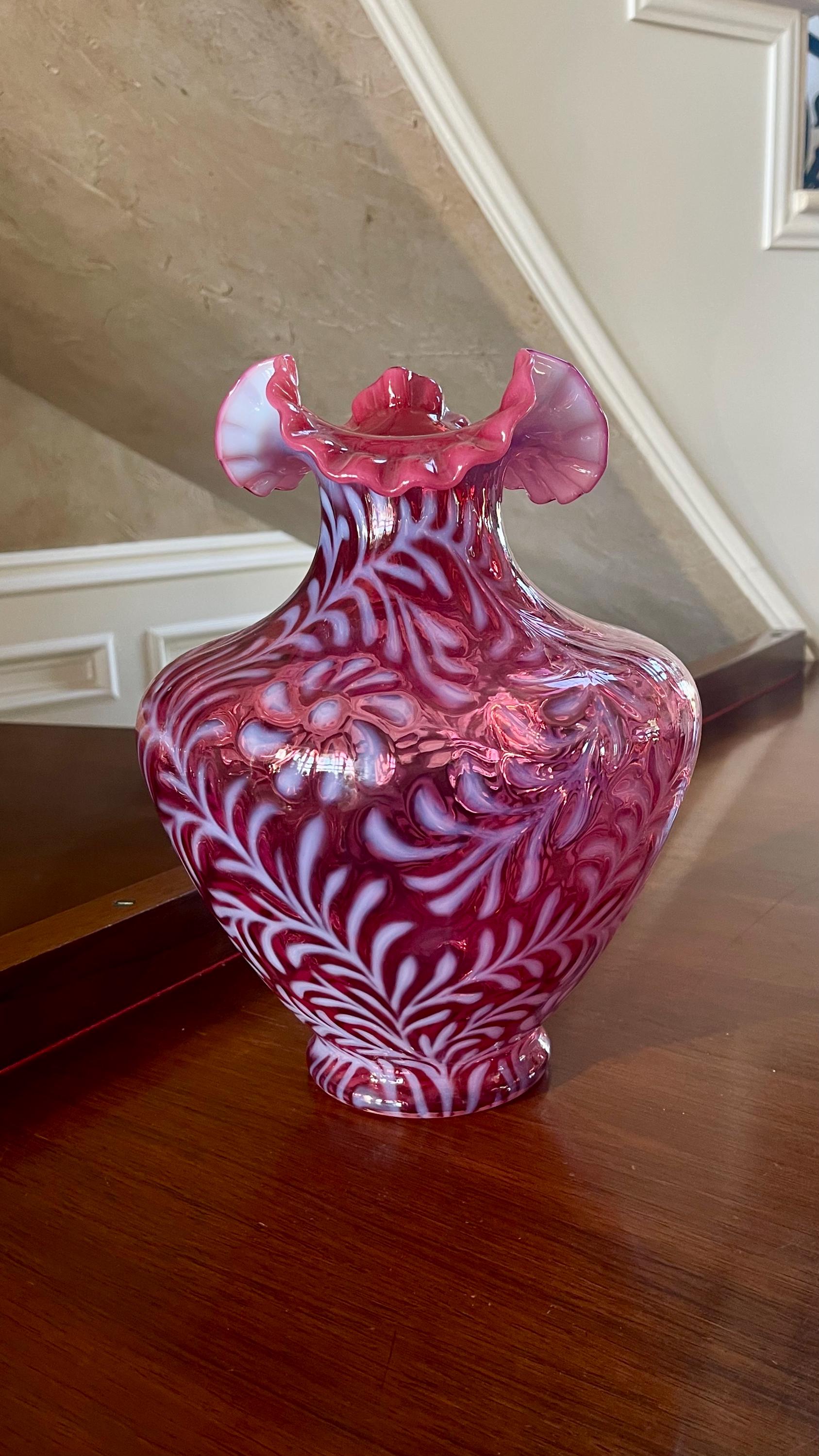 Fenton Daisy and Fern Cranberry Opalescent Large Vase; Fenton Hand