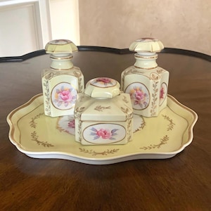 Vintage Porcelain Vanity Dresser Set; Victorian Dresser Set with Two Perfume Bottles, Powder Box and Tray