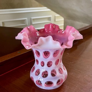 Fenton Lamp Shade Cranberry Opalescent Coin Dot Optic Hurricane Lamp Shade