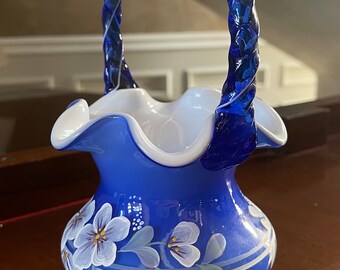 Fenton Blue Cased Glass Hand Painted Basket Legacy Collection 95th