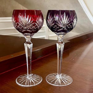 PAIR Ajka Caroline Wine Hock Colored Crystal Cut to Clear Glasses