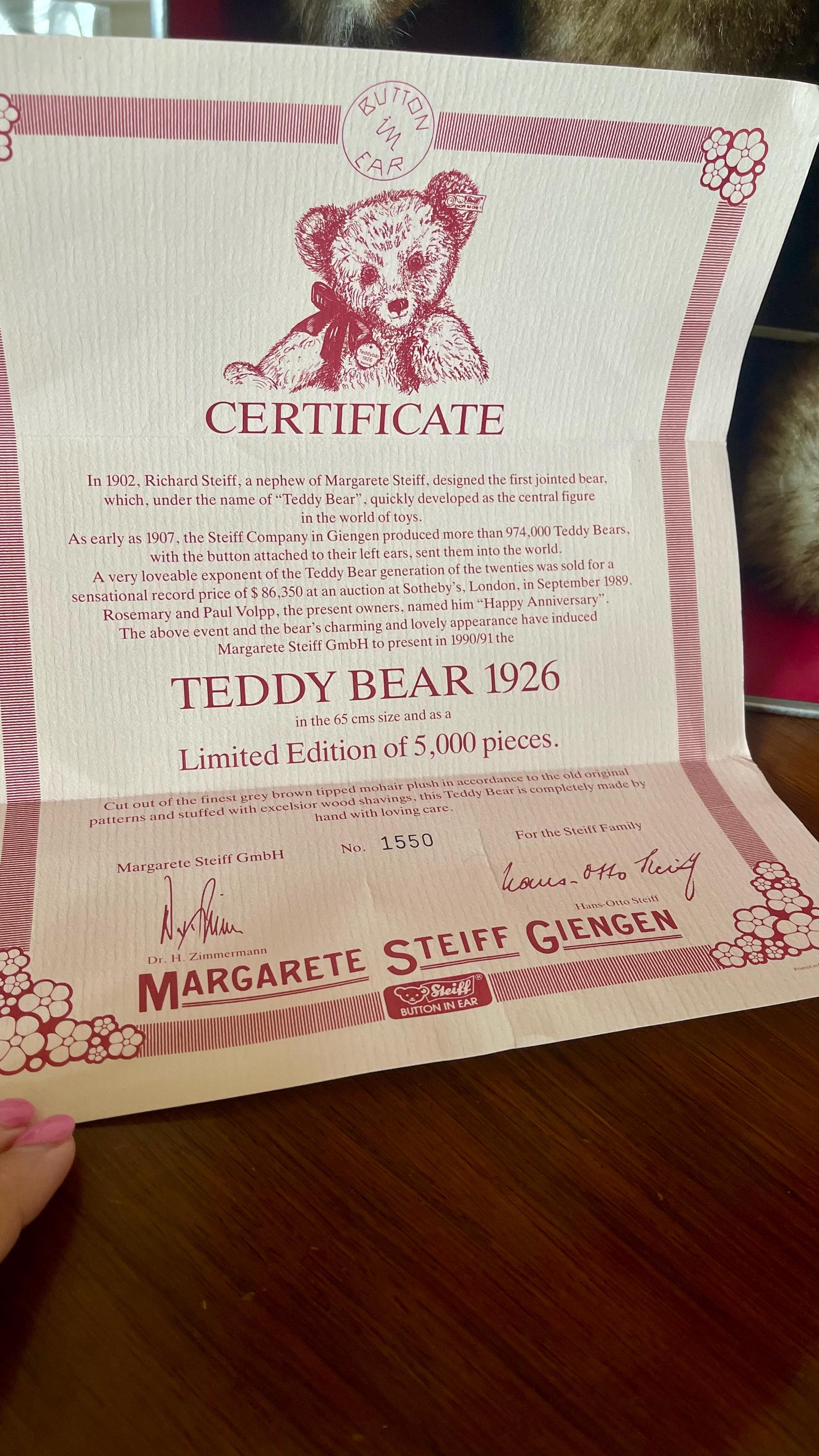 Steiff 65cm “happy Anniversary” Teddy Bear 1926 Replica; Fully