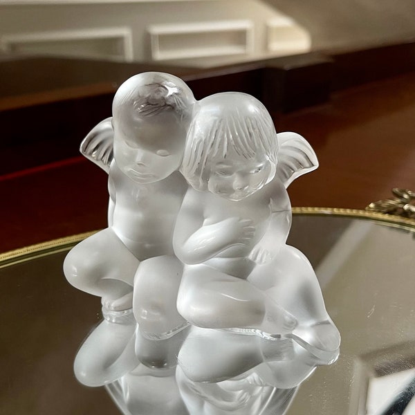 Lalique France Crystal Twin Angels Figurine Sculpture Signed Lalique France; Lalique Boy and Girl Cherubs