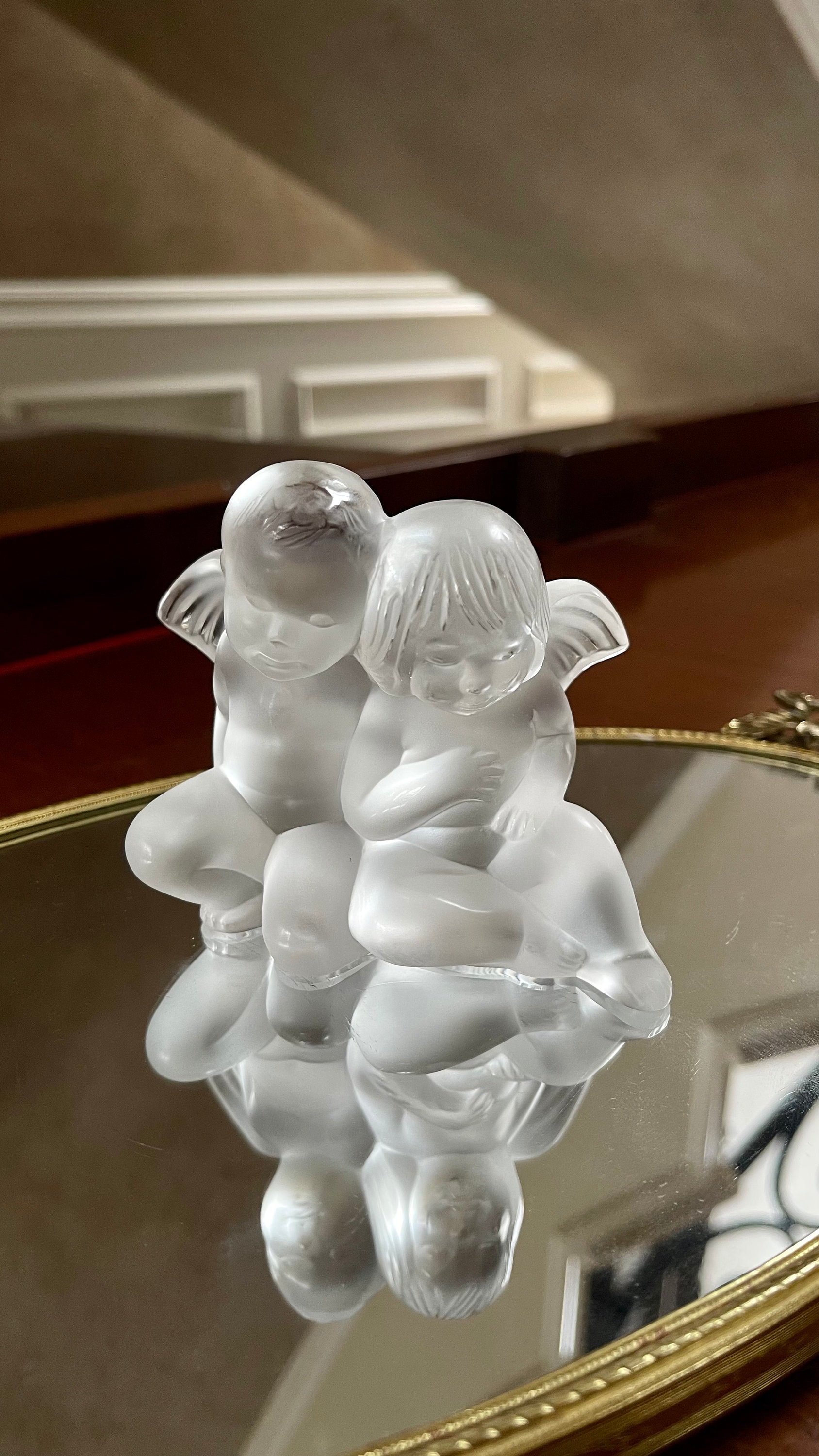Lalique France Crystal Twin Angels Figurine Sculpture Signed