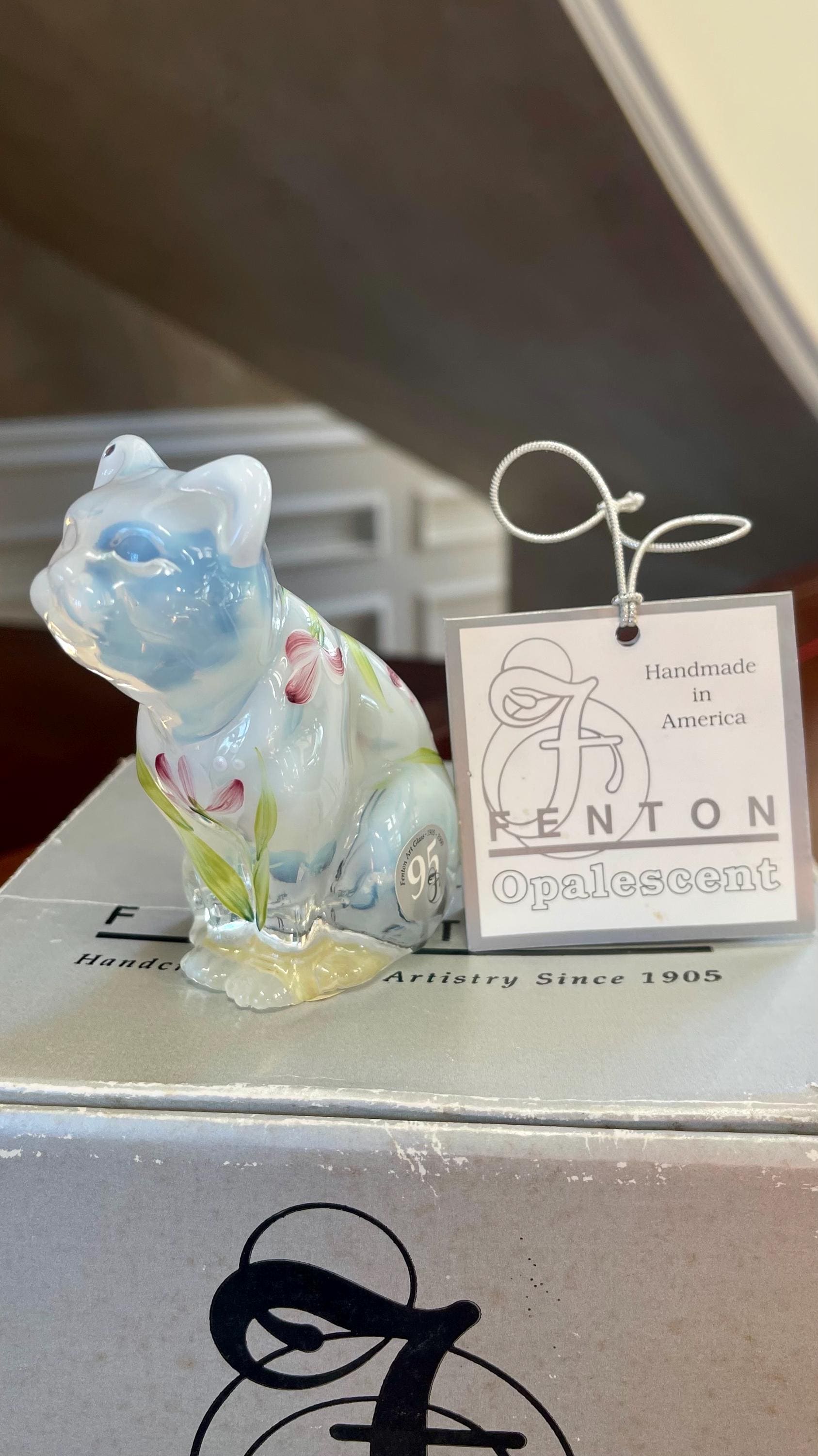 Fenton Glass Hand Painted French Opalescent 95th Anniversary Cat