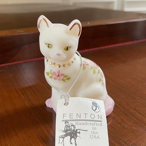 Fenton Satin Glass Hand Painted Cat Figurine Paperweight; Vintage Fenton Glass Cat