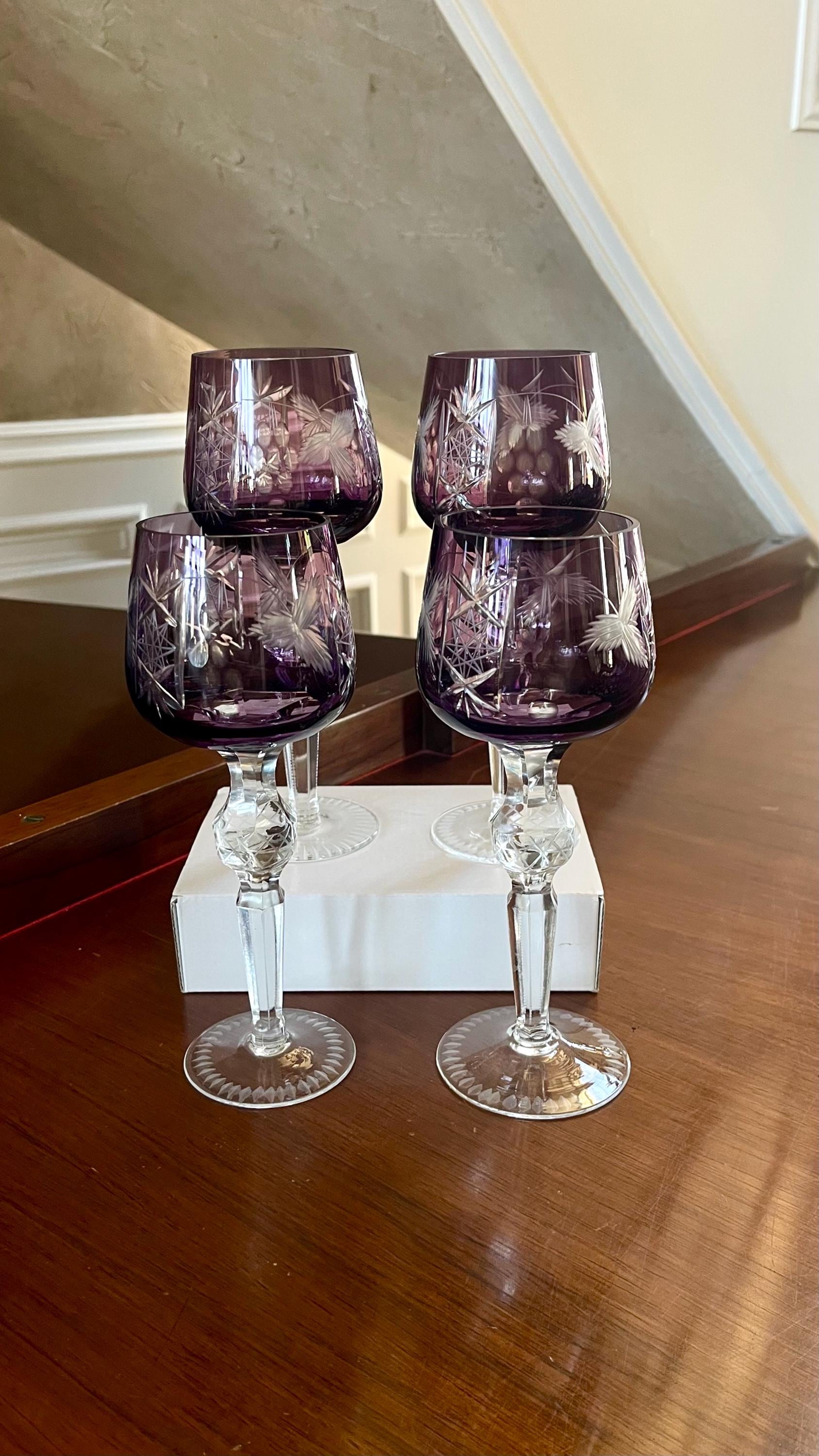 Set of 4 Amethyst Wine Hock Glasses; Crystal Color Cut to Clear Wine Hocks