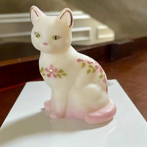 Fenton Satin Glass Hand Painted Cat Figurine Paperweight; Vintage Fenton Glass Cat
