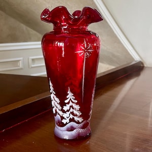 Fenton Glass Ruby Red 11”  Vase; Fenton Art Glass Hand Painted Six Point Star Vase