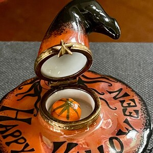 Limoges Halloween Witches Hat Trinket Box With Pumpkin Inside