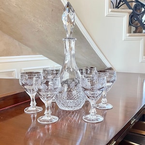 7 Pc. Set Hand Cut Lead Crystal Wine Decanter and 6 Wine Glasses