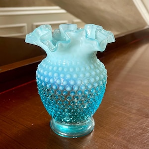 Fenton Blue Opalescent 6” Hobnail Vase; Vintage Hobnail Fenton;