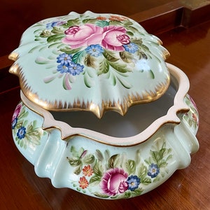 Very Large 11” Dresden Style Hand Painted Porcelain Box; Jewelry Box