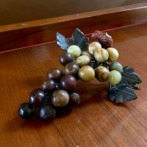 Vintage Jade Stone Grape Cluster with Stem; Mid Century Modern Decor