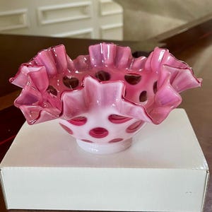 Fenton Glass Cranberry Opalescent Coin Dot Optic Ruffle Top Bowl