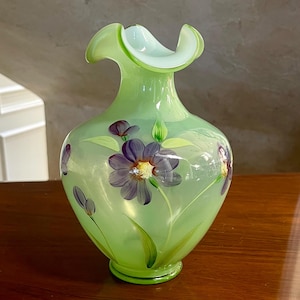 Fenton Glass Splendor Opaline On Fern Green Overlay Vase