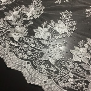 NEW Haute Embroidered Pearl Diamanté Double Border Floral Bridal Tulle Lace Fabric