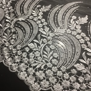 NEW Haute Embroidered Pearl Diamanté Double Border Floral Bridal Tulle Lace Fabric