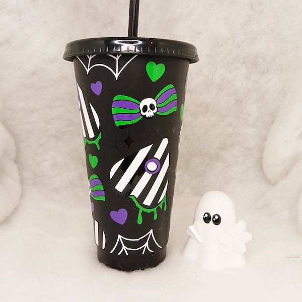 Beetlejuice Sandworm 24oz sleek  black matt cold cup With straw topper | unique | horror | movie | Classic Movies | Venti | Reuseable |