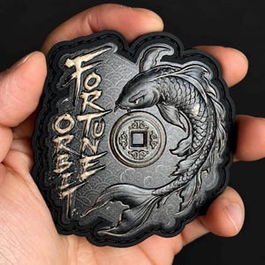 Fortune Orbit Koi | Black and Aged Brass | 3 Inch EDC PVC Morale Patch | Koi Fish Lucky Coin | Hook & Loop