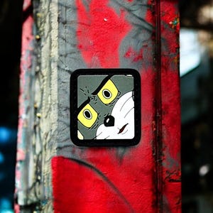 Może przedstawiać: Naklejka z Tomem z Tomka i Jerry'ego z zaskoczoną miną, umieszczona na czerwono-szarej ścianie.