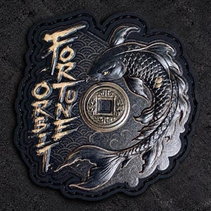 Fortune Orbit Koi | Black and Aged Brass | 3 Inch EDC PVC Morale Patch | Koi Fish Lucky Coin | Hook & Loop
