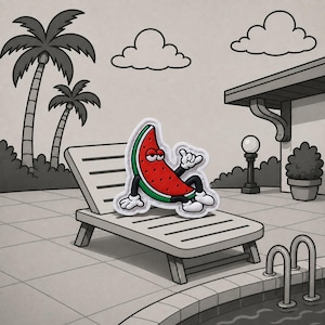 May include: A cartoon-style patch featuring a red watermelon slice with a green rind, black seeds, and white gloves. The character has a relaxed expression, is making a shaka hand gesture, and is lounging on a gray pool deck chair.