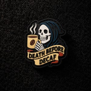 Naszywka EDC z PVC „Death Before Decaf Coffee Reaper” GITD | Świecąca w ciemności | Rzep