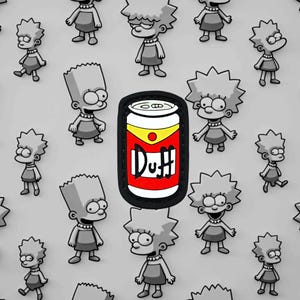 May include: A red and yellow can with the word "Duh" printed on it. The can is surrounded by cartoon images of yellow-haired characters.