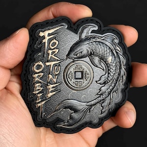 Fortune Orbit Koi | Black and Aged Brass | 3 Inch EDC PVC Morale Patch | Koi Fish Lucky Coin | Hook & Loop