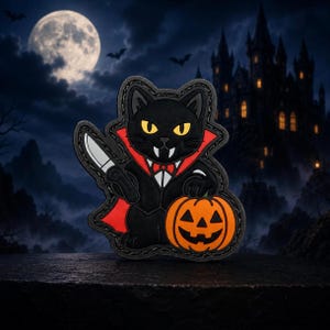 Peut inclure: Un écusson représentant un chat noir déguisé en vampire avec une cape doublée de rouge, des crocs blancs et des yeux jaunes. Le chat tient un couteau argenté dans une patte et pose l'autre sur une citrouille orange vif sculptée.