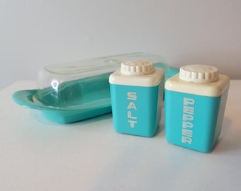 Vintage MCM Aqua and White Lustro Ware Plastic Salt and Pepper Small Shaker Set with Butter Dish