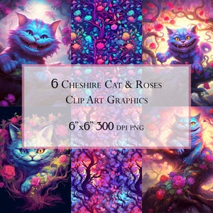 Fantasy Illuminated Cheshire Cat with Roses Alice in Wonderland Clip Art PNG Format 6 Instant Download Printable Set