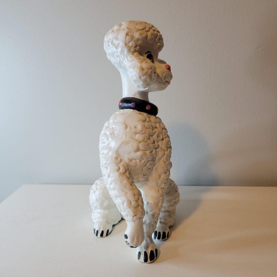 Vintage Ceramic White Black Poodle Dog Figurine | Retro Mid