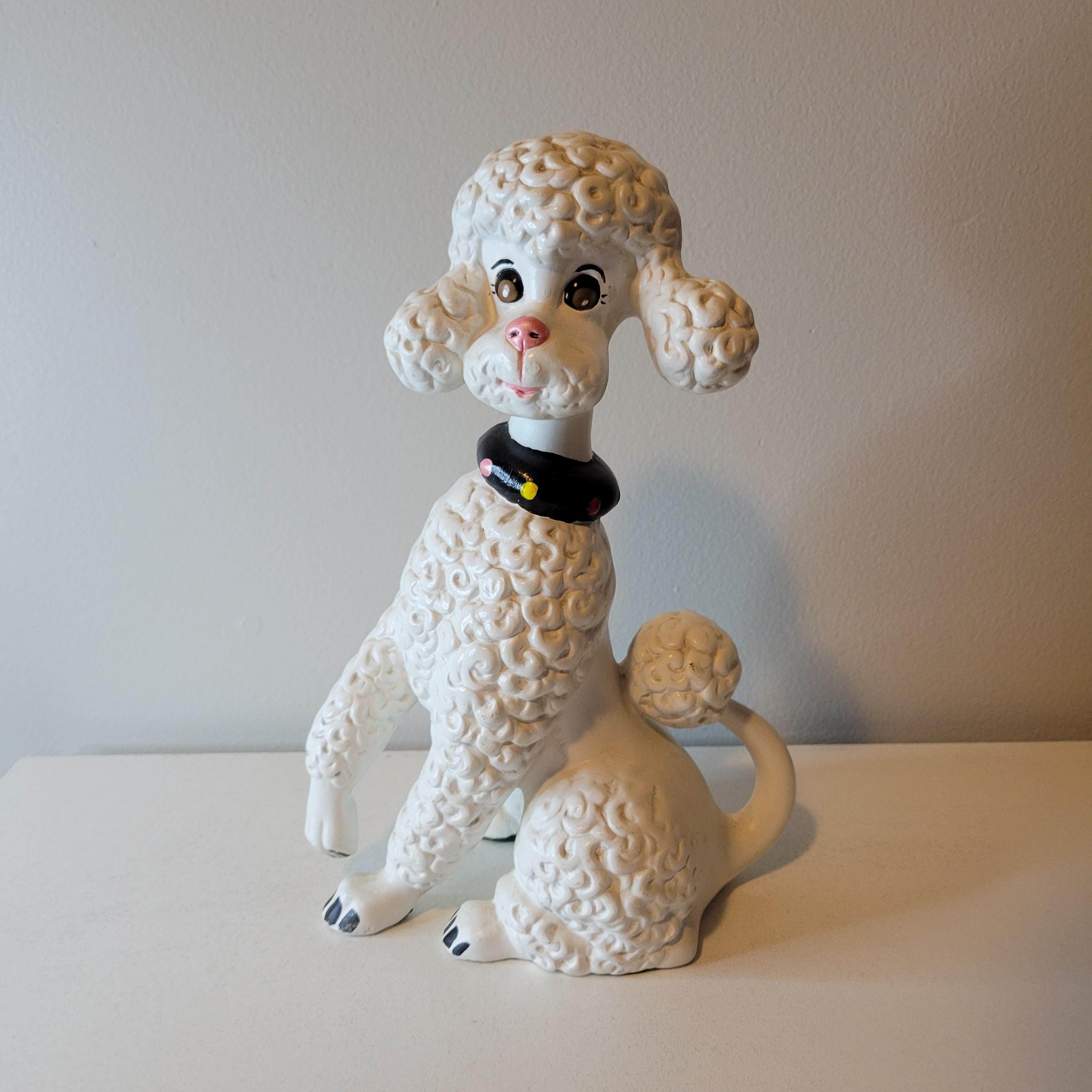 Vintage Ceramic White Black Poodle Dog Figurine | Retro Mid